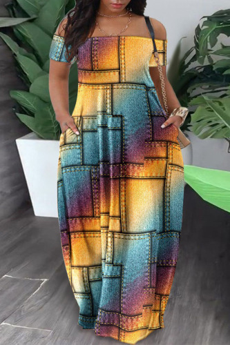 Yellow And Blue Casual Print Patchwork Pocket Off the Shoulder Lantern Dress Dresses