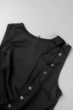 Black Elegant Solid Hollowed Out Patchwork Buttons O Neck Straight Jumpsuits