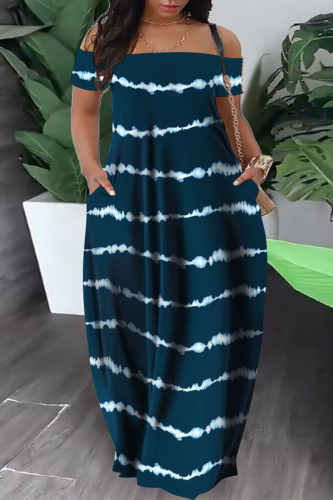 Blue Casual Print Patchwork Pocket Off the Shoulder Lantern Dress Dresses