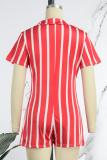 Red Sexy Casual Street Striped Zipper V Neck Regular Rompers