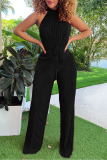 Blue Casual Solid Fold O Neck Regular Jumpsuits(With Belt)