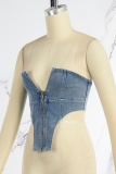 Blue Sexy Casual Sweet Solid Patchwork Backless Asymmetrical Strapless High Waist Tops