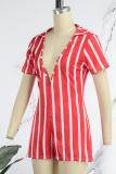 Red Sexy Casual Street Striped Zipper V Neck Regular Rompers