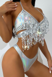 Silver Sexy Party Vacation Solid Tassel Backless Sequined 3 Piece Sets Swimwear Bikini