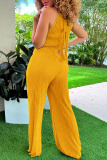 Blue Casual Solid Fold O Neck Regular Jumpsuits(With Belt)