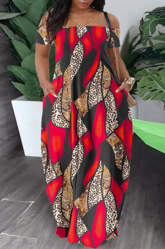Red Casual Print Patchwork Pocket Off the Shoulder Lantern Dress Dresses