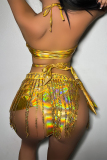 Gold Sexy Party Vacation Solid Tassel Backless Sequined 3 Piece Sets Swimwear Bikini