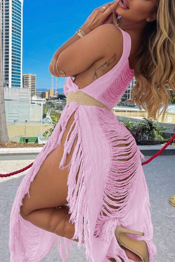 Pink Sexy Sportswear Vacation Solid Tassel Hollowed Out Frenulum Swimwears Cover Up(Without Belt&Bra)