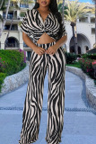 Black And White Street Striped Print Patchwork Asymmetrical V Neck Short Sleeve Two Pieces