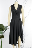 Apricot Casual Solid Patchwork Asymmetrical Turn-back Collar Irregular Dress Dresses