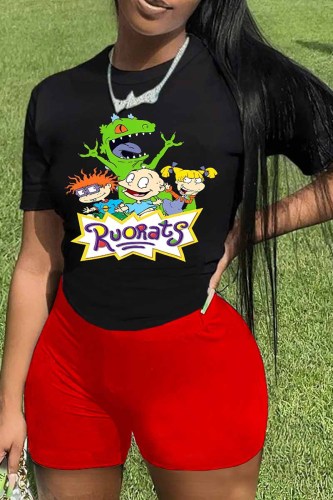 Red Casual Character Print Letter O Neck Short Sleeve Two Pieces