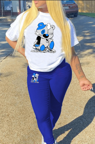 White Blue Casual Print Patchwork O Neck Plus Size Two Pieces