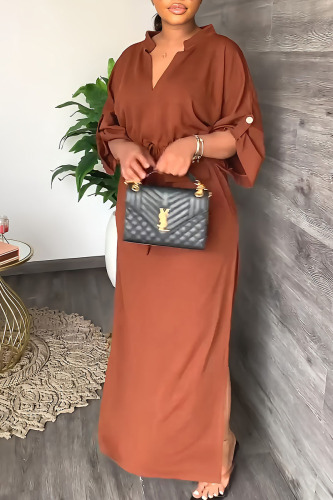 Brown Casual Solid Patchwork V Neck Straight Dresses