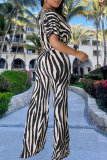 Black And White Street Striped Print Patchwork Asymmetrical V Neck Short Sleeve Two Pieces