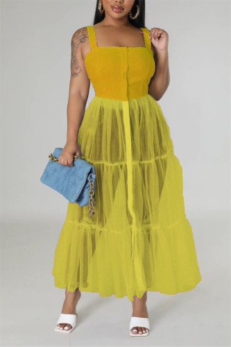 Yellow Casual Simplicity Solid Patchwork Fold Mesh Spaghetti Strap High Waist Tops