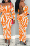 Orange Casual Print Backless Off the Shoulder Long Dress Dresses