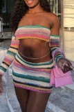 Colour Sexy Print Backless Off the Shoulder Long Sleeve Two Pieces