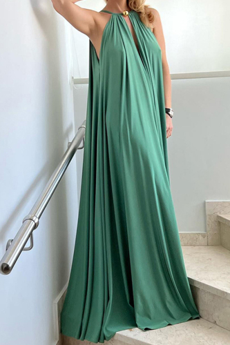 Green Casual Simplicity Solid Patchwork Halter A Line Dresses