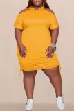 Yellow Casual Solid Hollowed Out Hooded Collar Short Sleeve Dress Plus Size Dresses