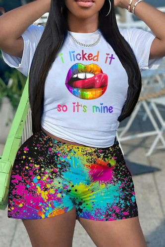 Multicolor Casual Print Basic O Neck Short Sleeve Two Pieces