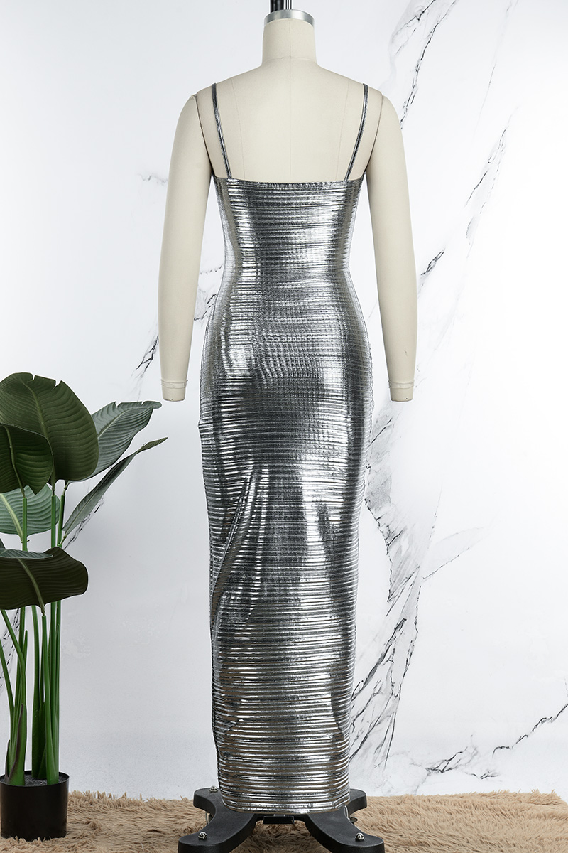 Wholesale Silver Sexy Solid Backless Spaghetti Strap Long Dress Dresses K79121-1 Online