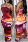 Red Sexy Casual Print Backless Slit Strapless Long Dress Dresses