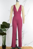 Rose Red Sexy Casual Solid Backless V Neck Regular Jumpsuits
