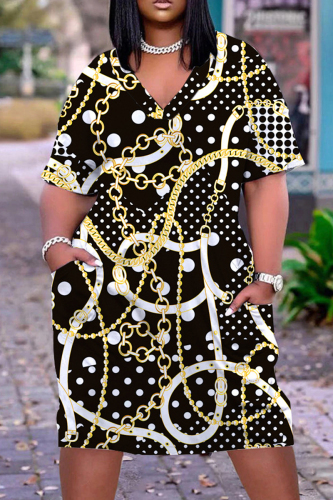 Black Casual Print Basic V Neck Short Sleeve Dress