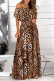 Leopard Print Elegant Print Frenulum Off the Shoulder Cake Skirt Dresses