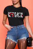 Black Casual Daily Lips Printed Patchwork Letter O Neck T-Shirts