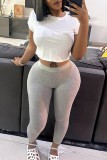 Grey Casual Sportswear Solid Basic O Neck Short Sleeve Two Pieces