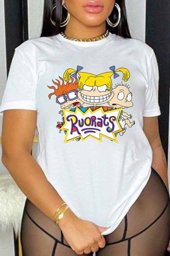 White Casual Character Print Letter O Neck T-Shirts