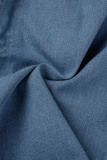 Light Blue Casual Solid Patchwork Turndown Collar Mid Waist Skinny Denim Romper