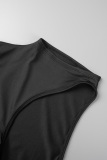 Black Sexy Solid Hollowed Out Patchwork Half A Turtleneck Sleeveless Two Pieces