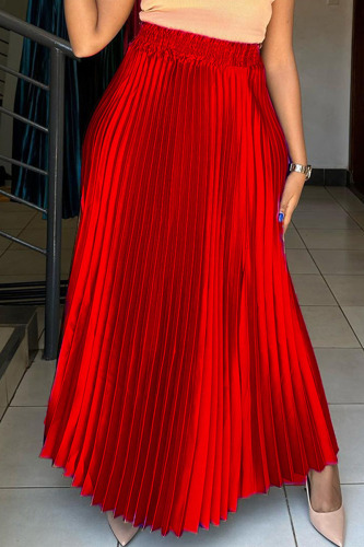 Red Casual Solid Patchwork Fold Straight High Waist Straight Solid Color Bottoms