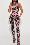 Pink Sexy Casual Print Hollowed Out Half A Turtleneck Sleeveless Two Pieces
