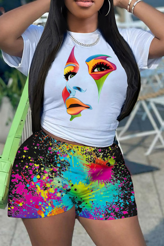 White Casual Print Basic O Neck Short Sleeve Two Pieces