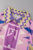 Purple Casual Print Frenulum Shirt Collar Short Sleeve Two Pieces