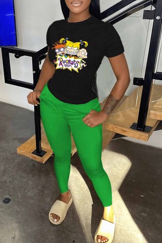 Green Casual Character Print Letter O Neck Short Sleeve Two Pieces