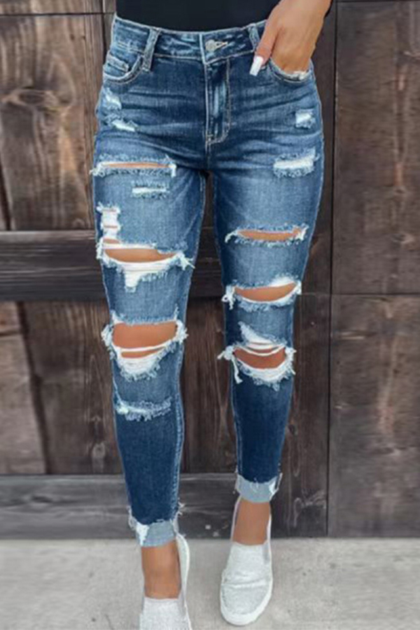 Blue Casual College Solid Ripped Make Old Skinny Denim Jeans