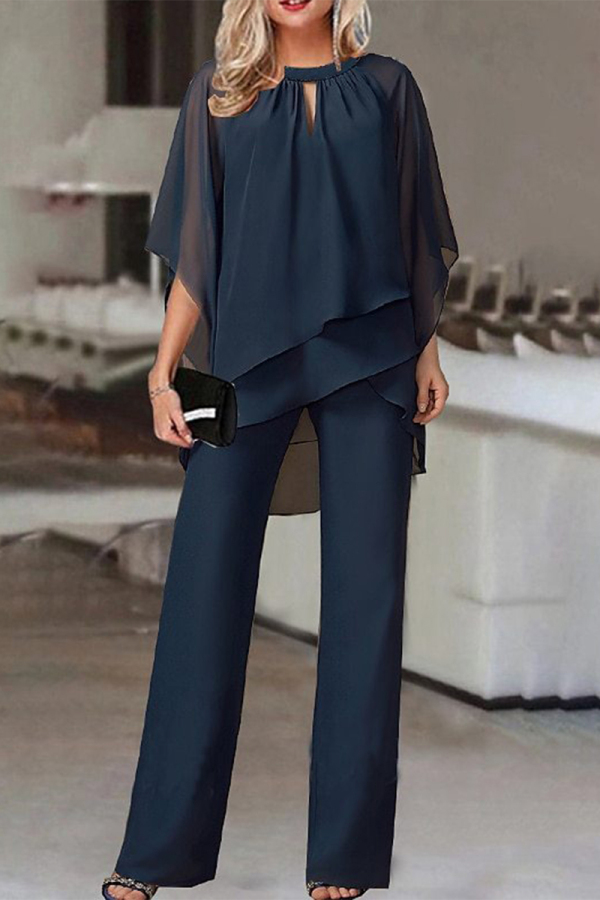 Navy Blue Casual Simplicity Solid Patchwork Asymmetrical O Neck Half Sleeve Two Pieces
