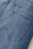 Blue Casual Street Solid Make Old Patchwork Mid Waist Skinny Denim Jeans