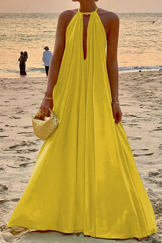Yellow Casual Simplicity Solid Patchwork Halter A Line Dresses