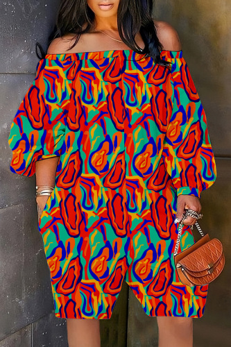 Tangerine Red Casual Print Backless Off the Shoulder Regular Rompers