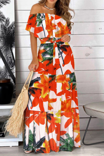 Red Leaf Print Dropped Shoulder Ruffle Tie Up Cinch Waist Casual Vacation Maxi Dress