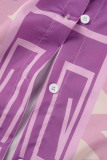 Purple Casual Print Frenulum Shirt Collar Short Sleeve Two Pieces