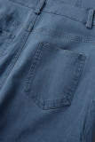 Light Blue Casual Solid Patchwork Turndown Collar Mid Waist Skinny Denim Romper