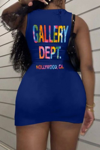 Deep Blue Casual Letter Print Basic O Neck Vest Dress Dresses