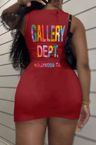 Red Casual Letter Print Basic O Neck Vest Dress Dresses