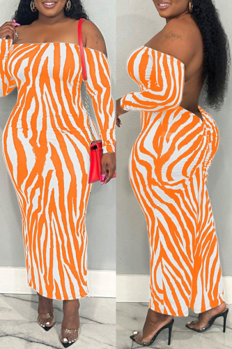 Orange Casual Print Backless Off the Shoulder Long Dress Dresses